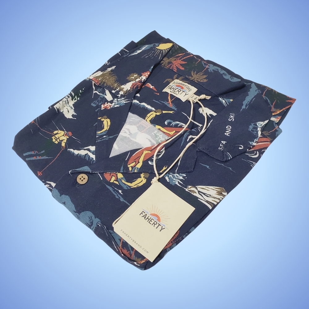 Faherty Camp Shirt Sea & Ski Print Button Up Men Small Navy Blue NWT $158 - Picture 2 of 3